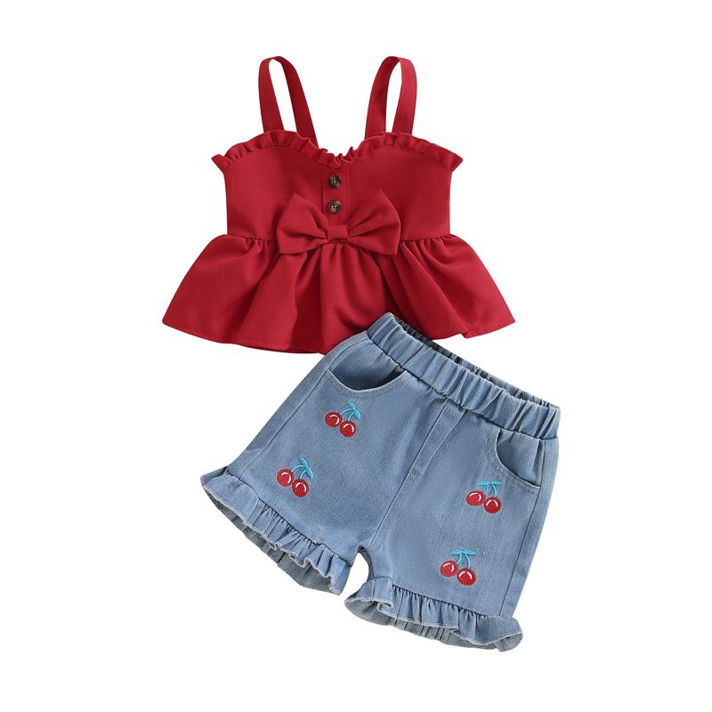 Kid Girls Summer Clothing Children Outfit Sets Bow Sleeveless Camisole and Elastic Cherry Denim Shorts Suit 90