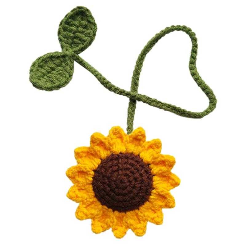 Car Decor Handmade Crochet Sunflowers Car Rearview Mirror Decoration Charm Ornament Auto Interior Accessories 1