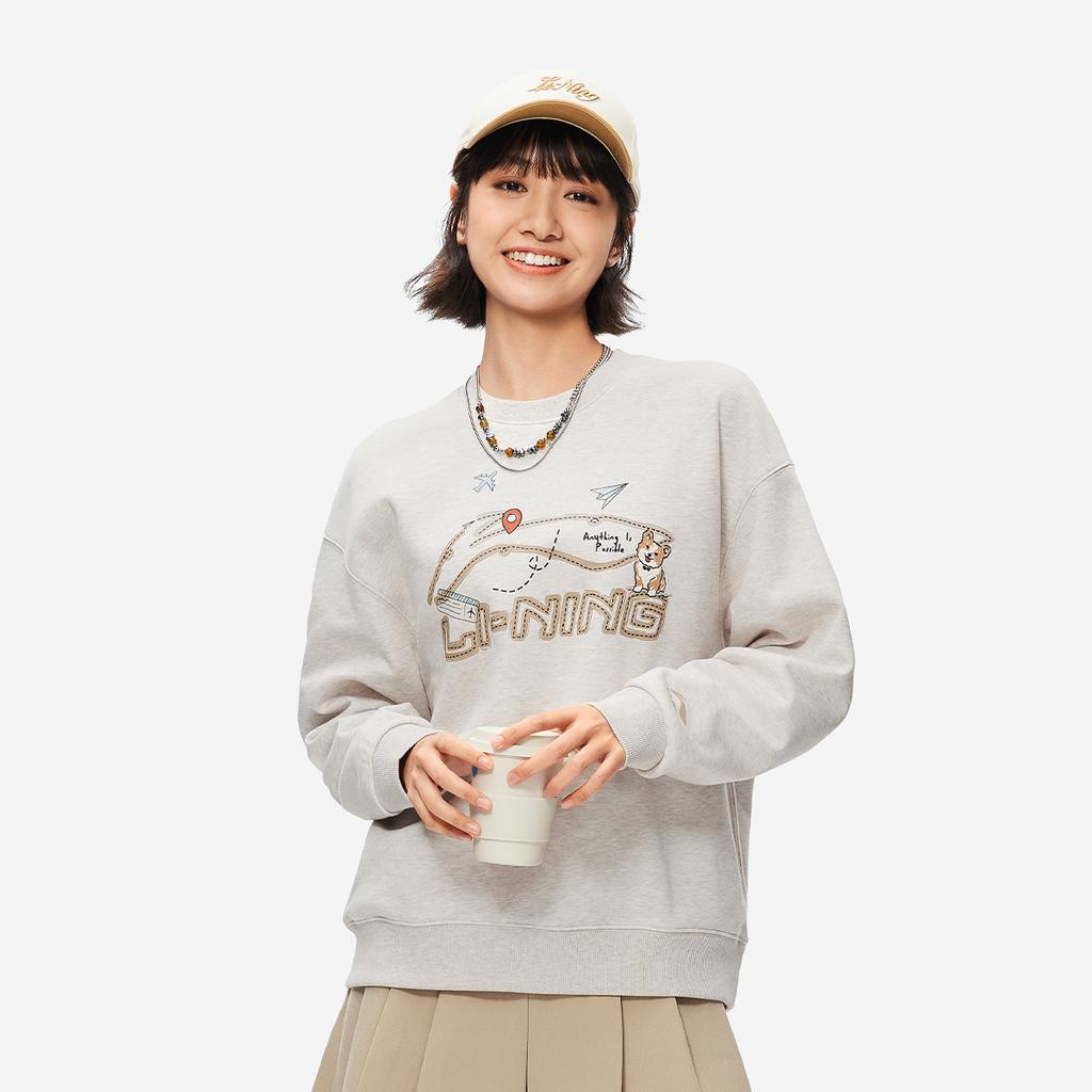 Li Ning Sports Fashion Series Far Infrared Warmth Anti-Static Anti-Bacterial Crew Neck Loose Fleece Pullover Casual Long Sleeve Sweatshirt AWDUF90-1