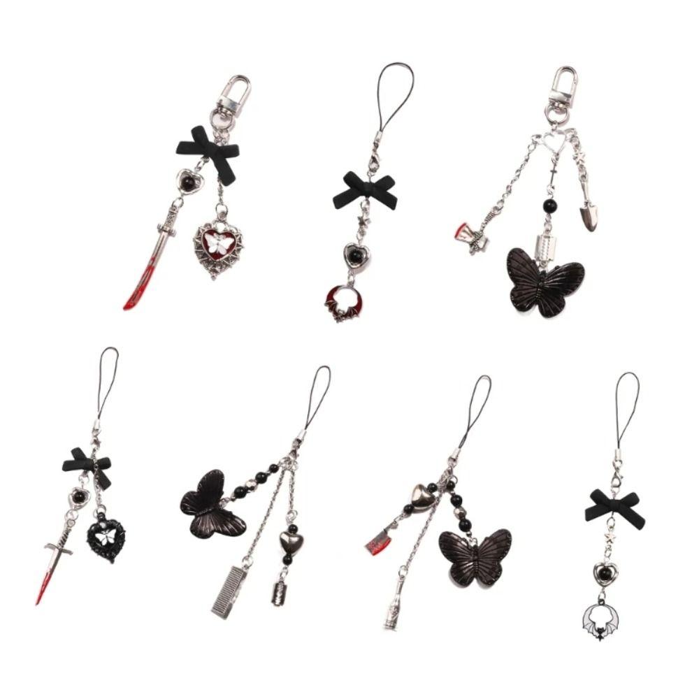 Gothic Style Mobile Phone Chain Black Butterfly Mobile Keychain Lanyard  Women Girls