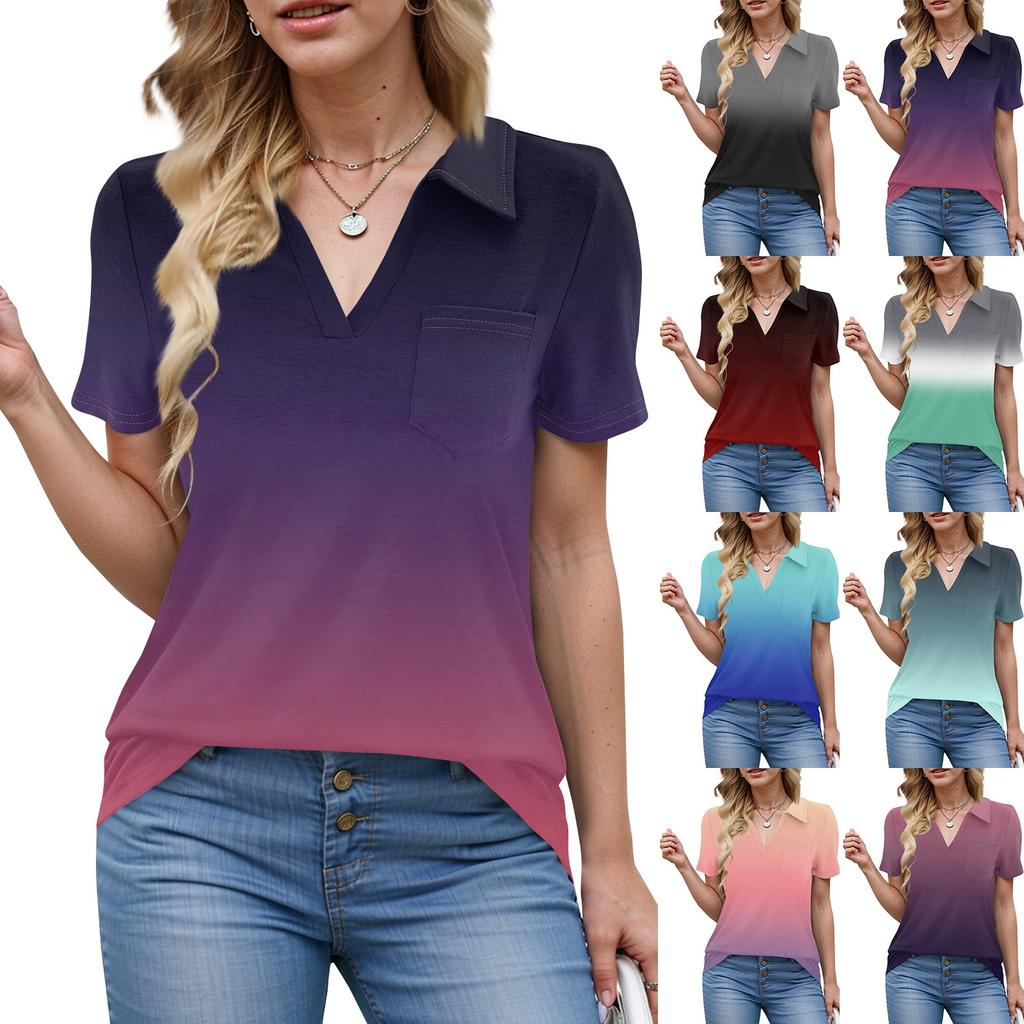 Damen Bluse Sommer Business Casual Arbeitstops Kurzarm Button-Down-Kragen V-Ausschnitt Bluse T-Shirt