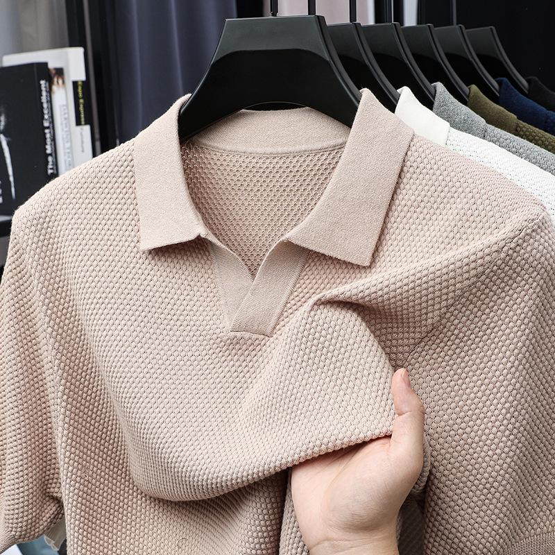 Men's 2025 Summer V-neck Polo - Casual Short Sleeve Pure Cotton Shirt with Pineapple Texture