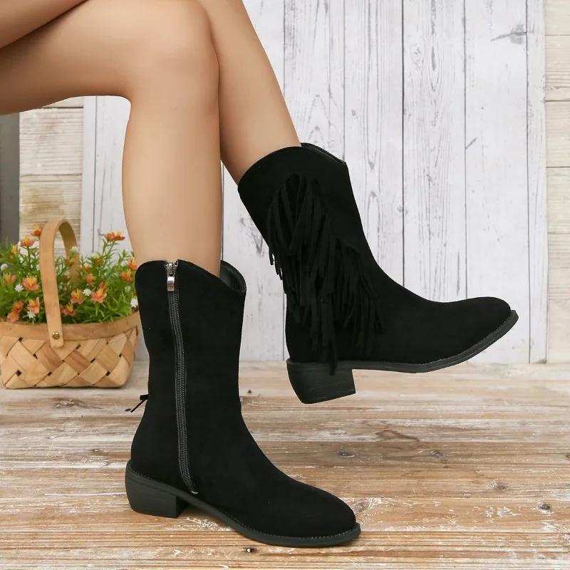 Moda 2024 Damskie Buty Plus Size Do Połowy Łydki Damskie Kozaki Boczny Zamek Nowoczesne Kozaki Damskie Frędzle Szpiczasty Czubek Buty na Niskim Obcasie Damskie