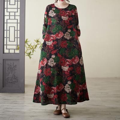 Rochie de primăvară cu mâneci lungi, cu gât rotund, cu imprimeu largi de mărime mare, pentru rochii de damă