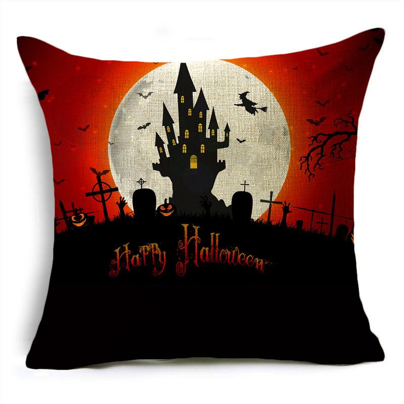 Red Halloween Night Moon Graveyard Bat Scarecrow Linen Throw Pillowcase Decorative Cushion Cover For Sofa Living Room Party