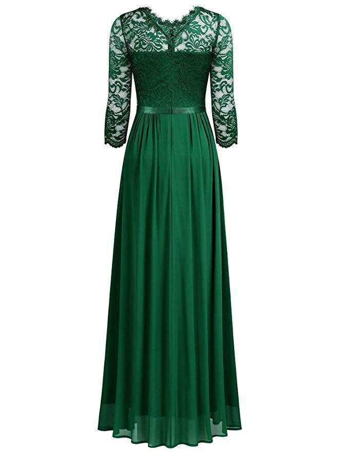 European Style Chiffon Lace Long Evening Dress - Women's Round Neck Gown