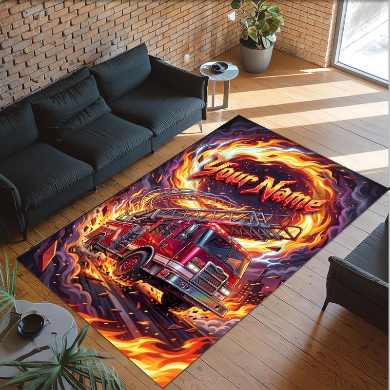 Fire Truck Theme Crystal Velvet Rug Personalized Custom Name Text Soft Floor Mat Home Decor