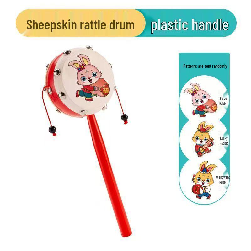 Lambskin Rattle: Wooden Baby Hand-Shaking Drum, Drop-Resistant, Chewable Musical Toy