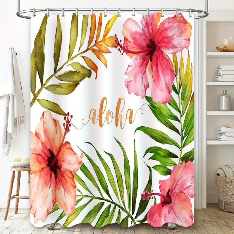 Hawaiian Shower Curtain Tropical Flowers Hibiscus Palm Leaves Beach Themed Decor Waterproof Bathroom Curtains Ocean Vibes Coasta