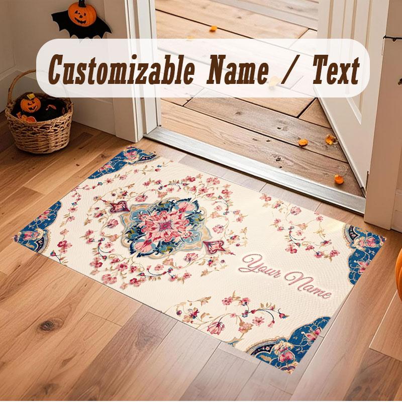 Floral Garden Theme Crystal Velvet Floor Rug Personalized Custom Name Text Warm Carpet Home Decoration