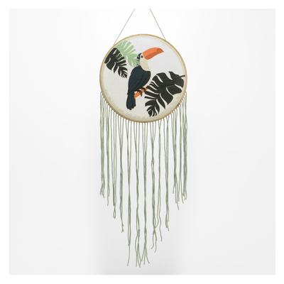 [Q9628] - Embroidered Cotton Wall Decoration 'Jungle' Black Green (toucan-monstera) - 120x30 Cm