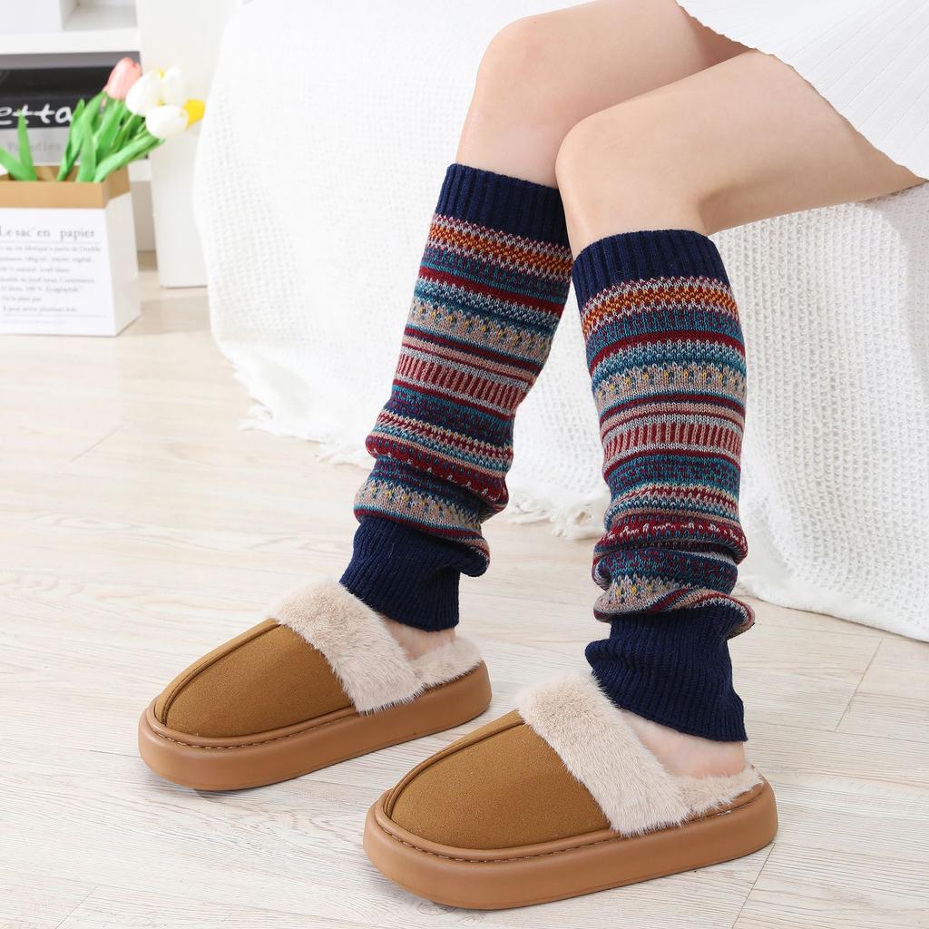 Camouflage Bohemian Style Yarn Warm Leg and Knee Pads European and American Autumn Winter Women Color Blocked Striped Pile Socks