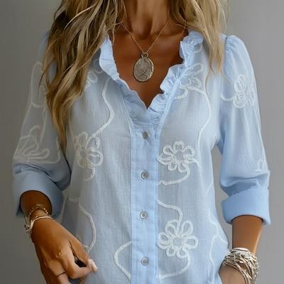 Women Shirt V-Neck Lace Trim Long Sleeve Pullover Tops Pure Color Embroidery Flower Pattern Spring Summer Casual Shirt Tops