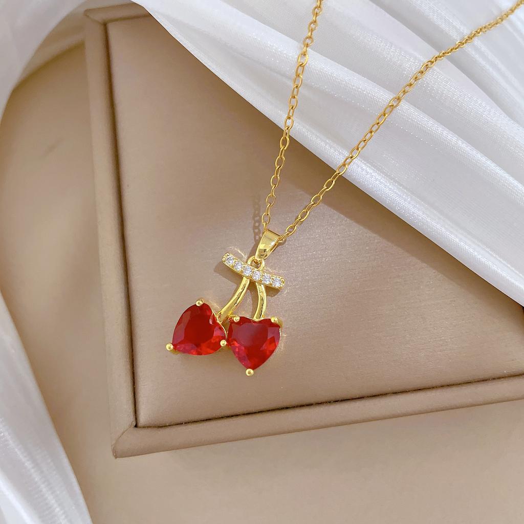 Frucht Rot Kirsche Mode Leichter Luxus Temperament Wunderschöne Voll-Diamant-Halskette Damen Vielseitige Schlüsselbein-Kette Titanstahl