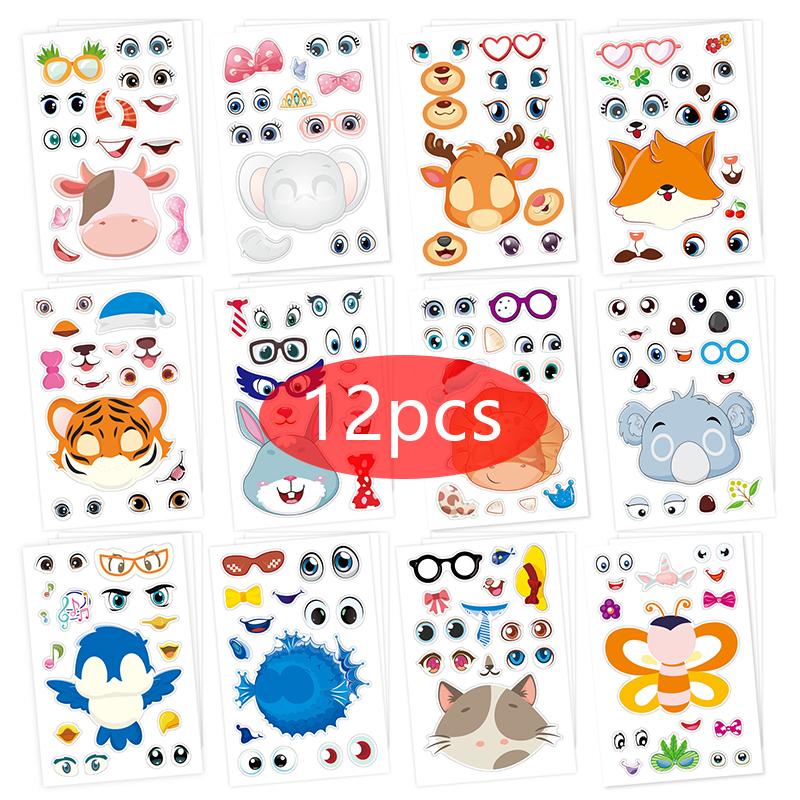 

12pcs Make a Face Sticker Animal for Kids Facial Expression DIY Adhesive Stickers Waterproof Puzzle Developmental Toys TMZ