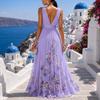 Women Sleeveless V Neck Chiffon Dress with Fitted Waist and Gradient Floral Print Flared Hem for Vacation or Casual Occasions