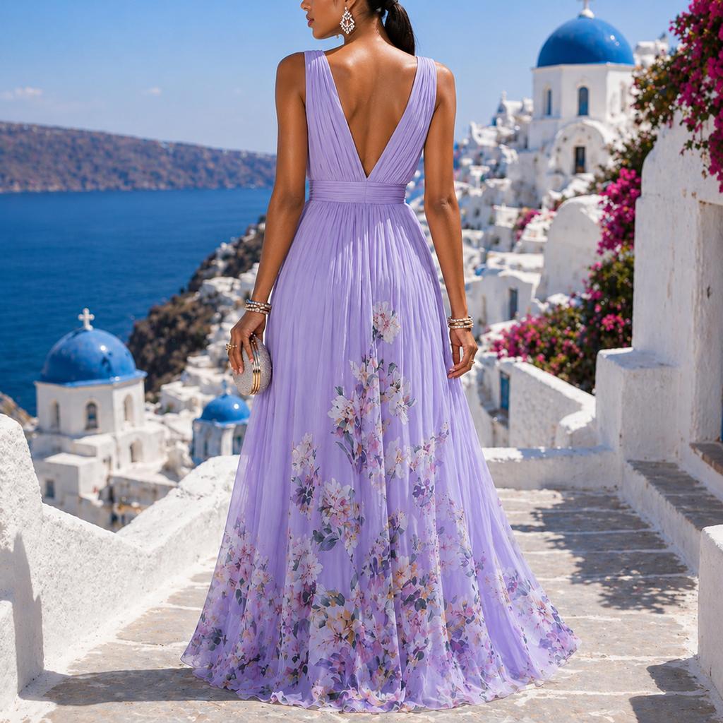 Women Sleeveless V Neck Chiffon Dress with Fitted Waist and Gradient Floral Print Flared Hem for Vacation or Casual Occasions