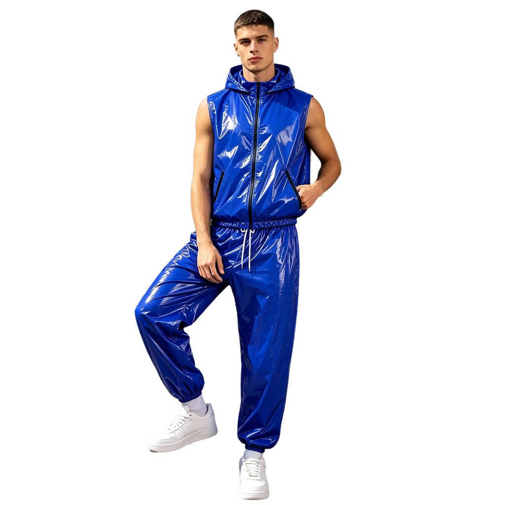 Men Waterproof Sports Tracksuit Front Zipper Sleeveless Vest with Detachable Hood and Jogging Pants for Workout Cycling Running Gym