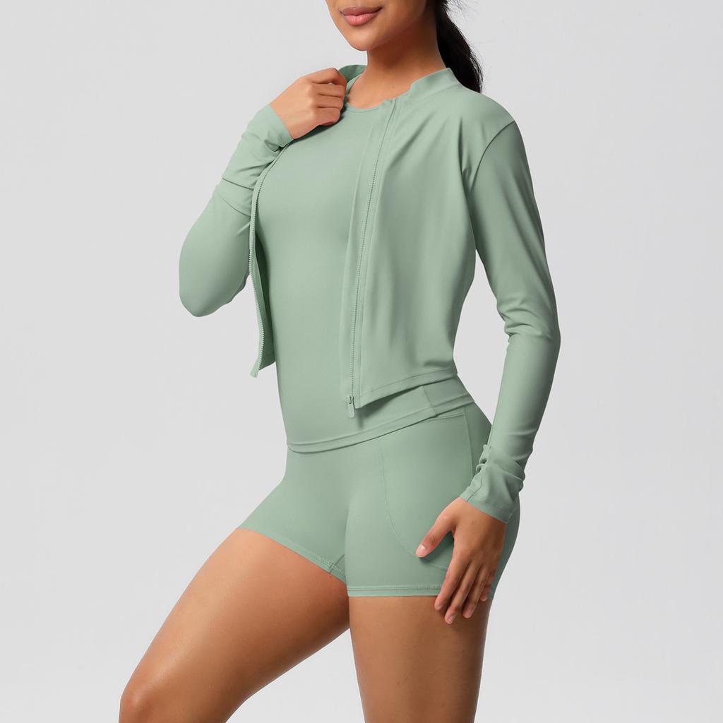 European and American cloud-feeling abrasive long-sleeved sports zipper jacket, running hip lift fitness yoga suit three-piece set for women