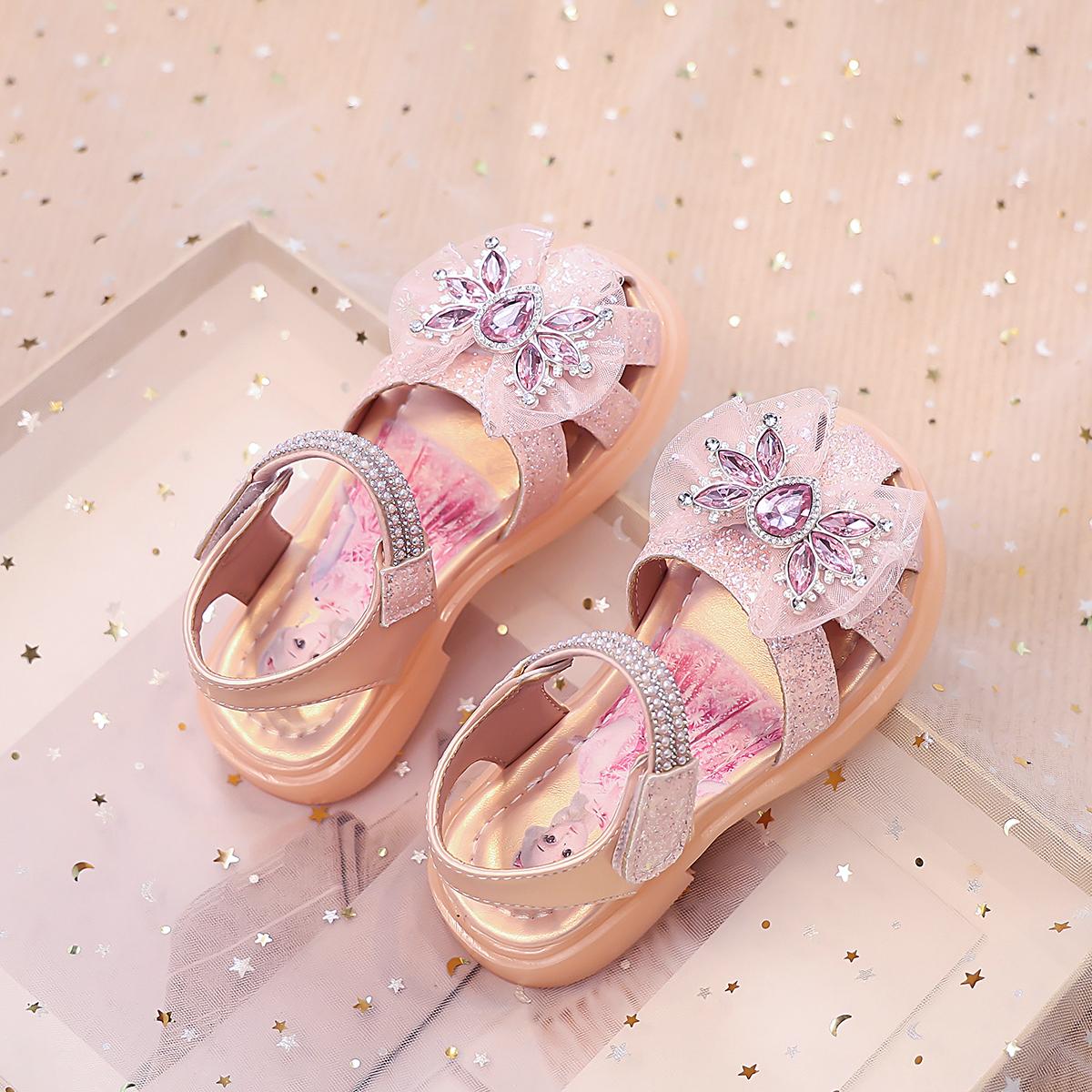 

Детские блестящие туфли принцессы для девочек 2025 лето Нескользящие сандалии с закрытым носком для малышей с блестящим бантом для вечеринки по случаю дня рождения Глиттер 25 розовый