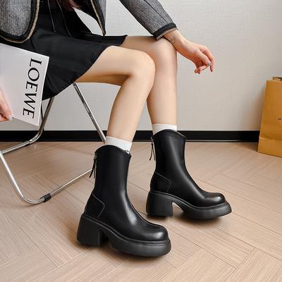 Kurzstiefel mit dicken Sohlen und Absatz für Damen-Frühlings- und Herbstmodelle mit V-Ausschnitt, der Beine zeigt, geraden dicken Absätzen, runder Spitze, Reißverschluss hinten, nackt