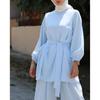 Women's Puff Sleeve Belted Blouse Wide Leg Pants Set Solid Color Casual Two Piece Outfit Islamic Modest Suit