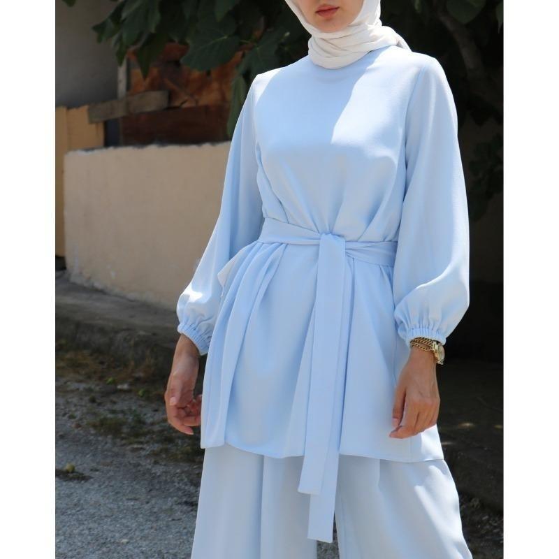 Women's Puff Sleeve Belted Blouse Wide Leg Pants Set Solid Color Casual Two Piece Outfit Islamic Modest Suit