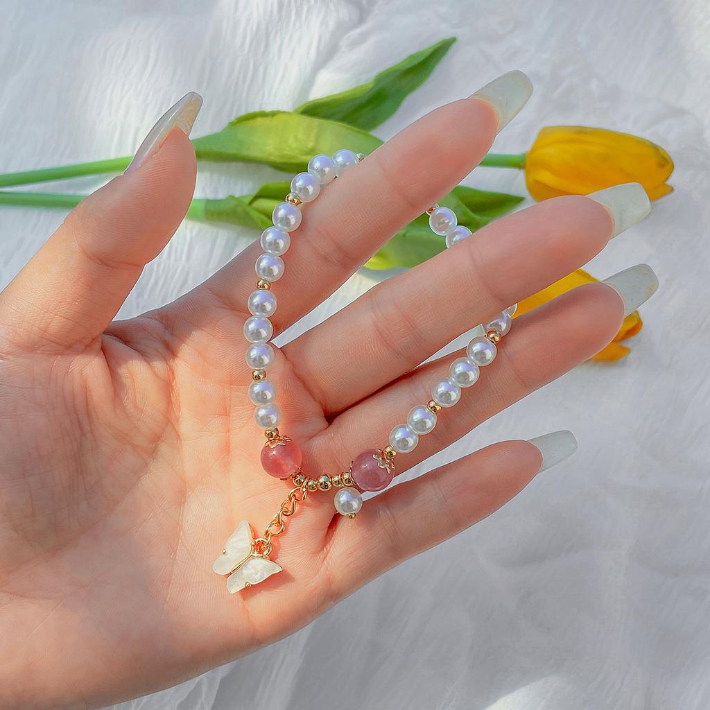 Accessories, Simple Imitation Crystal Elastic Micro-setting, French Pastoral Beaded Butterfly Turquoise Bracelet