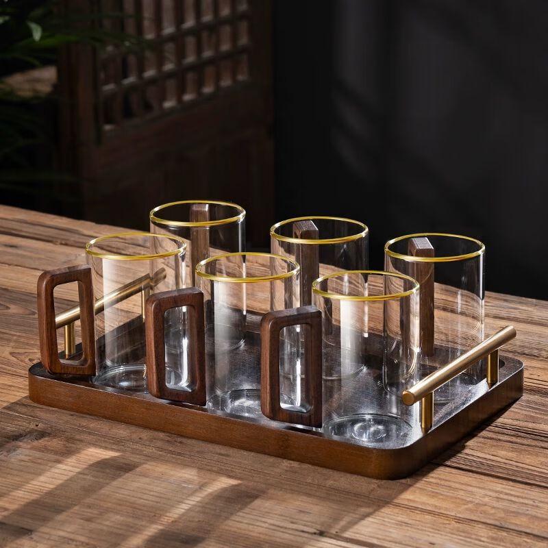 Chinese Style Glass Cup Set with Wooden Handle