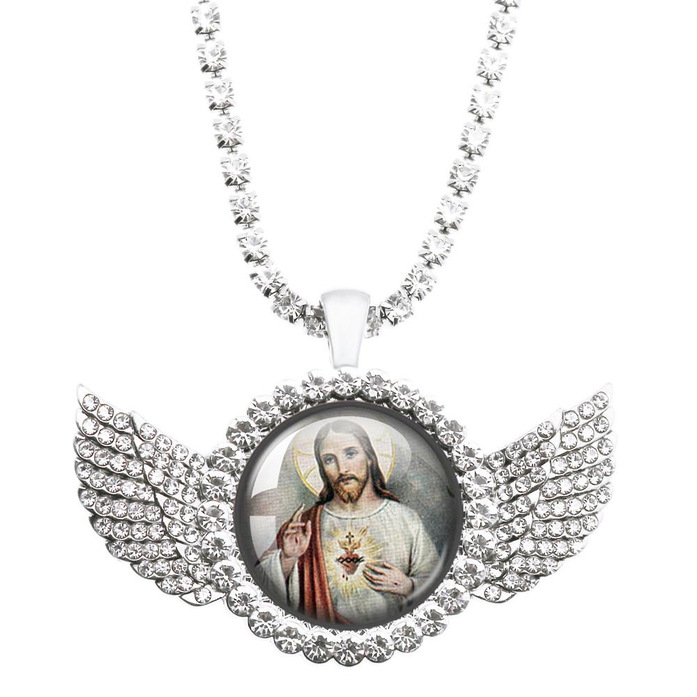 

Jesus Art Picture Locket Pendant Angel Wings Necklace Religious Glass Dome Necklace Best Gifts For Christians