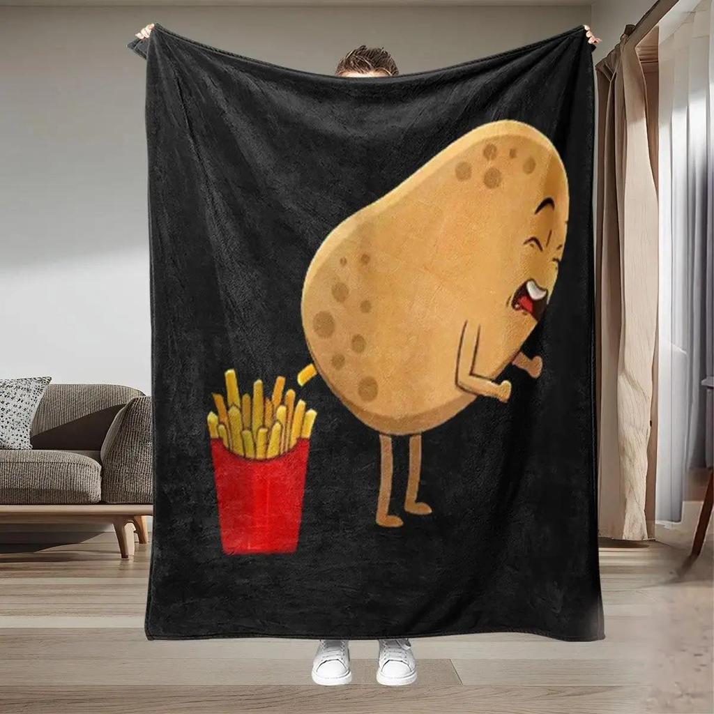 Funny French Fries Potato Print Flannel Blanket Heavyweight Soft Hypoallergenic AllSeason Throw Black Golden