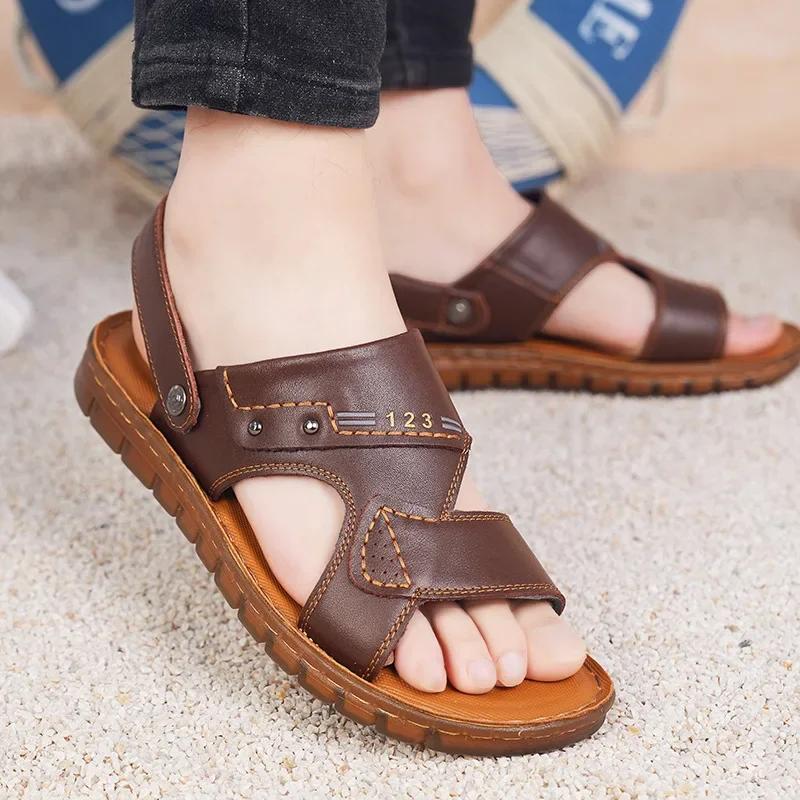 Whoholl Patent Leather Men Sandals Male Summer Shoes Outdoor Casual Sandals Cowhide Beach Shoes Two Uses Men's Sandals Slippers