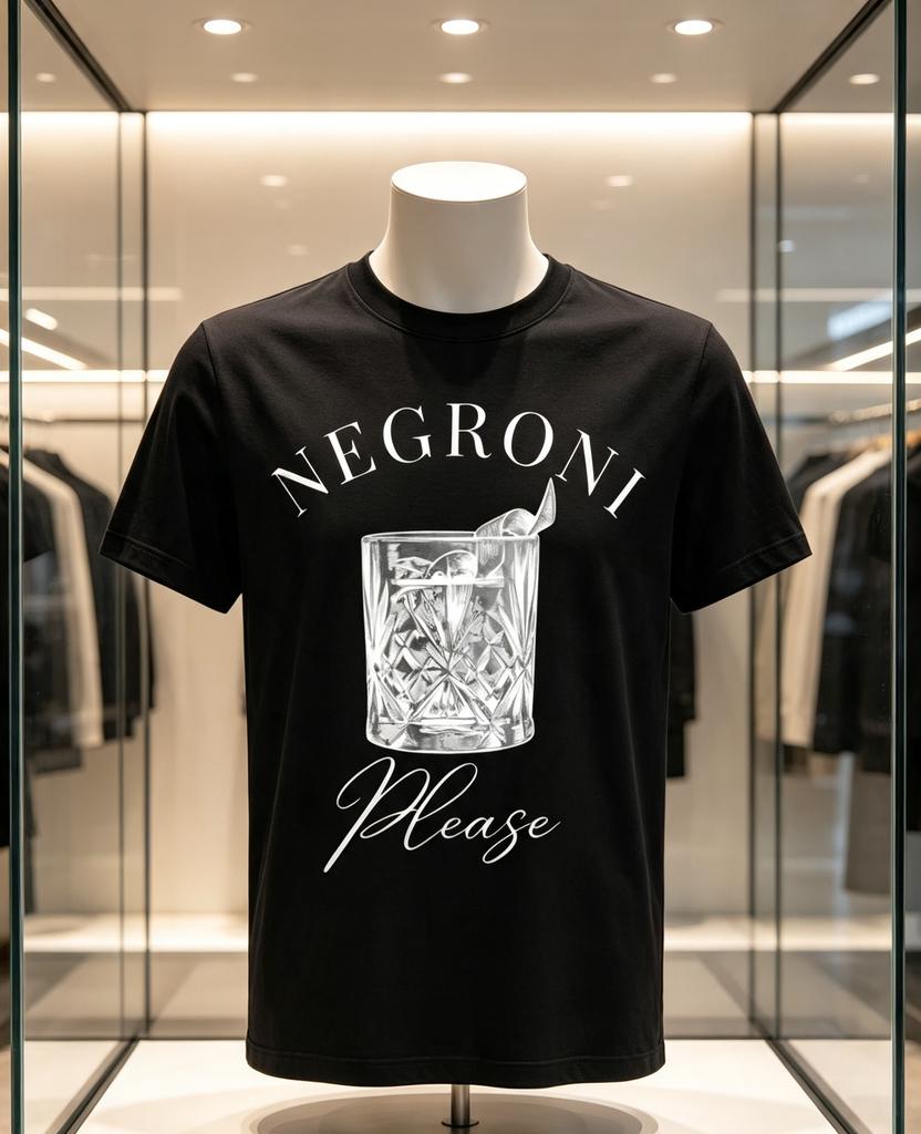 Negroni Please Cocktail Crystal GlassIce In A Minimal and Gray DesignElegant Curved Lettering Unisex All TShirt