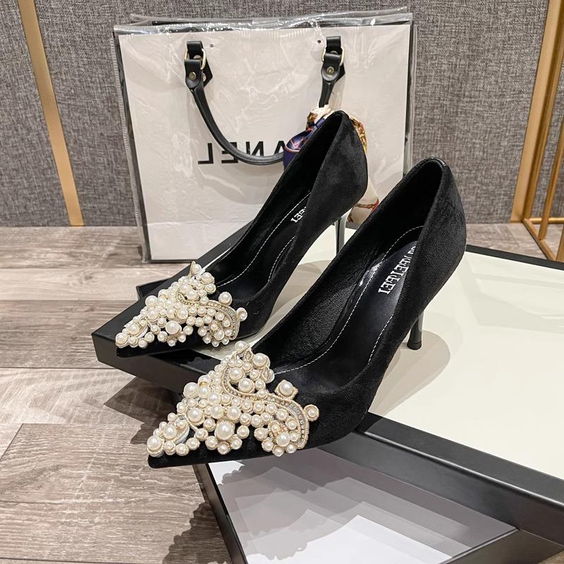 High Heels Fairy Style Pearl Small Fragrant Style Fine Heel Design Sense Niche Fashion Pointed Head with Cheongsam Single Shoes