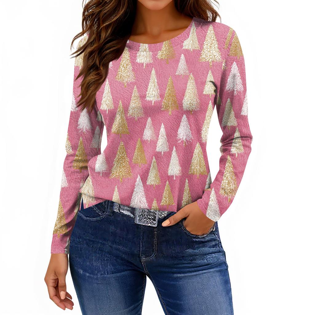 Жіноча модна повсякденна футболка з розрізом і круглим вирізом з довгим рукавом і принтом.