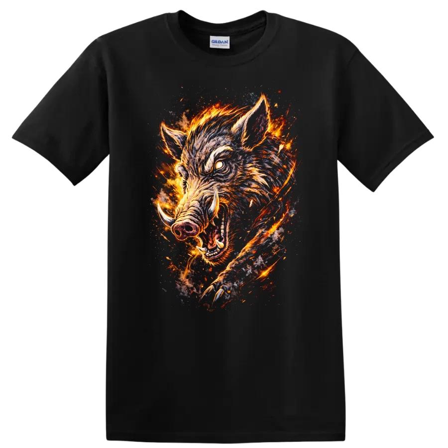 Fierce Boar Graphic T Shirt Wild Animal Design Fire Effect Tee