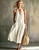 Neue Damenbekleidung Europäischer und Amerikanischer Stil V-Ausschnitt Kleid Damen Sommer Einreiher Ärmellos Locker Schwingend Langes Kleid Damen Sommer