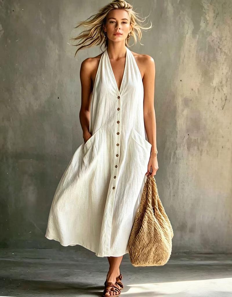 Neue Damenbekleidung Europäischer und Amerikanischer Stil V-Ausschnitt Kleid Damen Sommer Einreiher Ärmellos Locker Schwingend Langes Kleid Damen Sommer