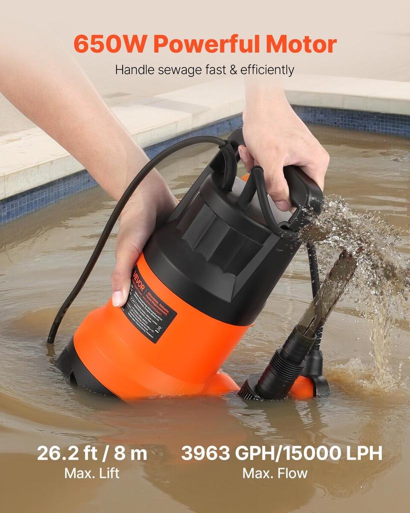 650W Submersible Sump Pump, 15000 L/H, PP-GF20 Submersible Sewage Dirty Clean Water Pump with Automatic Float Switch, Long Cord, 8M Max Lift, for