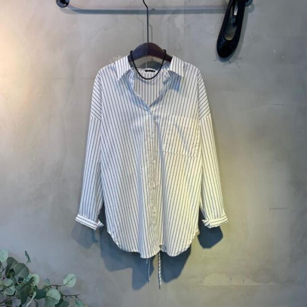 C S In The Room Stripe baCk tuCk Ribbon aSymmetriCal looSe Fit poCket Shirt 2Col
