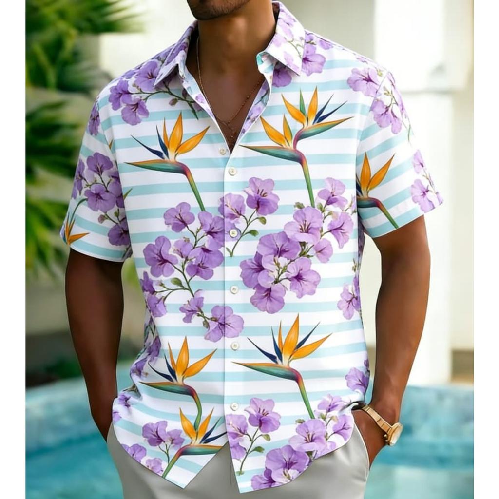 Men's Striped Tropical Element Print Shirt, Exotic Hawaiian Casual Design for Summer Vacation, Daily Wear & Street Style