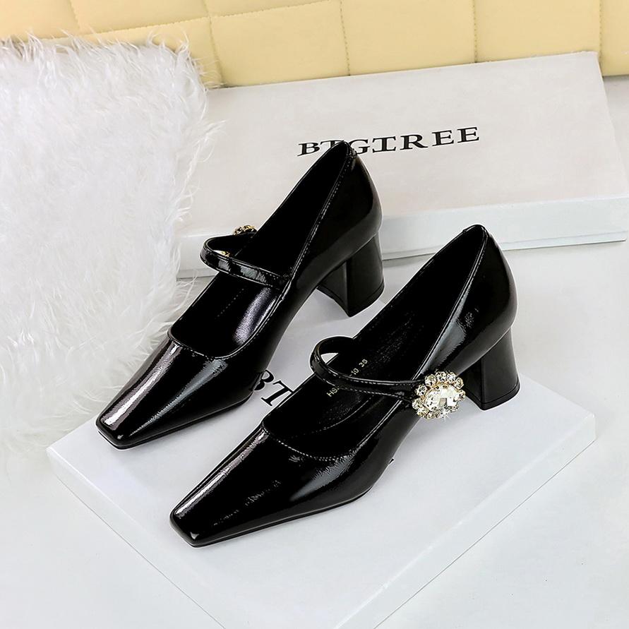 Women's Shoes with Thick Heel, Shallow Mouth, Square Toe, Rhinestone Buckle, Straight Strap, Single Shoe for Women