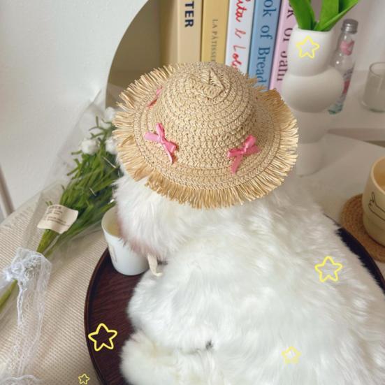 Mini Pet Straw Hat with Lace Adjustable Sun Protection Straw Hat with Bow Handwoven Outdoor Pet Accessory for Small Cats And Dogs