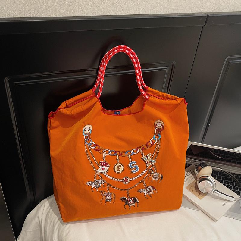 2026 Spring Japanese Style Eco-friendly Nylon Embroidered Tote - Large Capacity Casual Single Shoulder Bag for Women