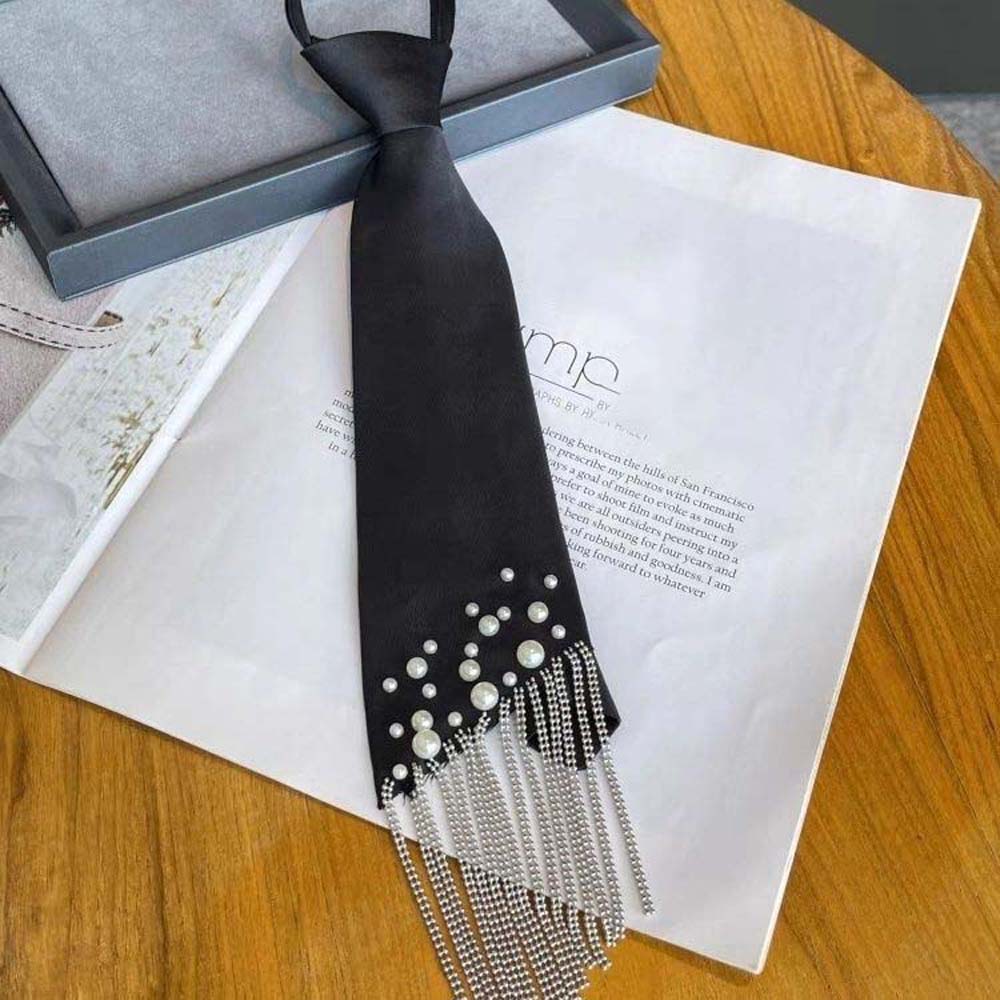 Black Hand-beaded Long Necktie Tassels Decoration Shirt Tie Temperament Pearls Tie  Kids