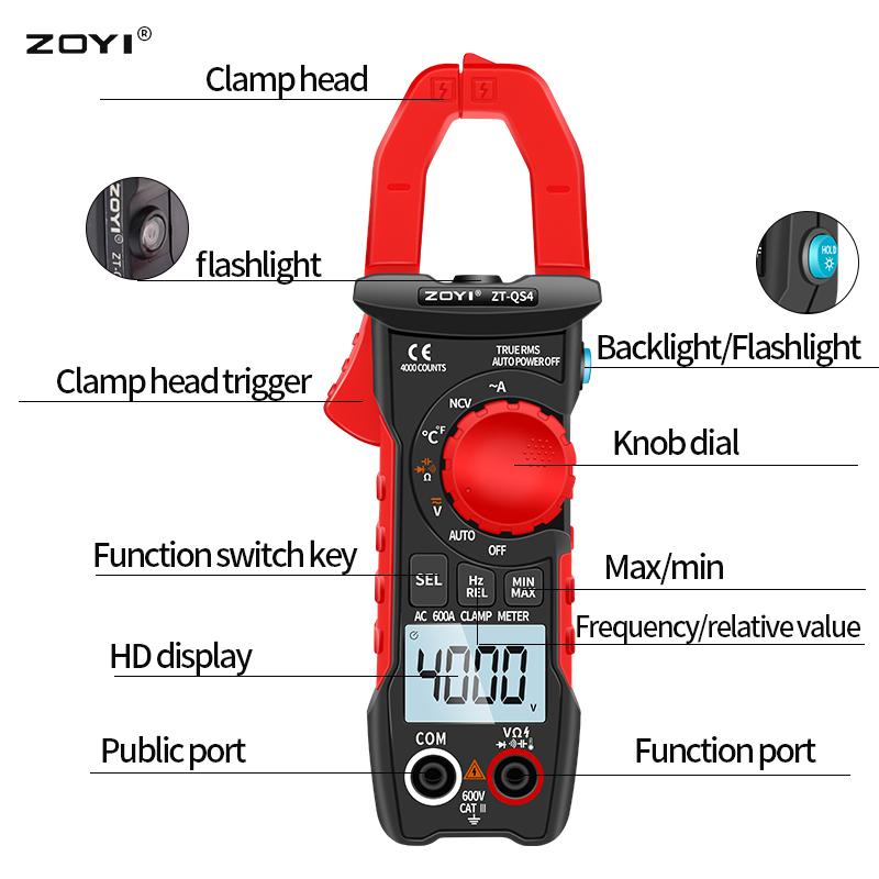 ZOYI ZT-QS4 Digital Clamp Meter DC/AC Current 4000 Counts Multimeter Ammeter Voltage Tester Car Amp Hz Capacitance NCV Ohm Test