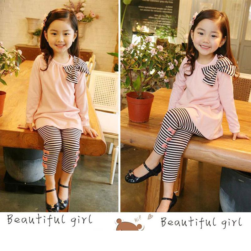 Adorable 2pcs Toddler Kids Baby Girls Outfits With Bowknot Top Striped Legging
