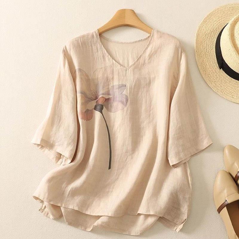 Cotton T-shirt Female Summer V-neck Loose Soft Casual Large Size Short-sleeved Blouse Top