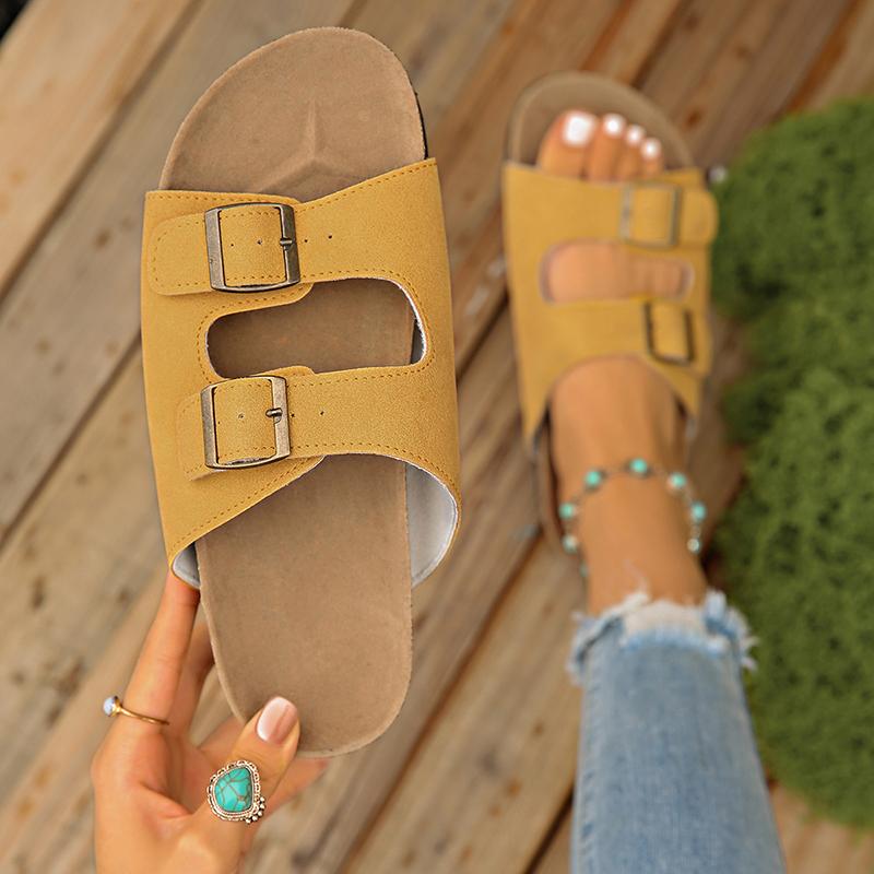 Mode Mode Doppel-Schnalle Kork Pantoletten Damen 2025 Sommer Offene Zehen Flache Clogs Schuhe Frau Übergröße 35-43 Rutschfest Strand Sandalen