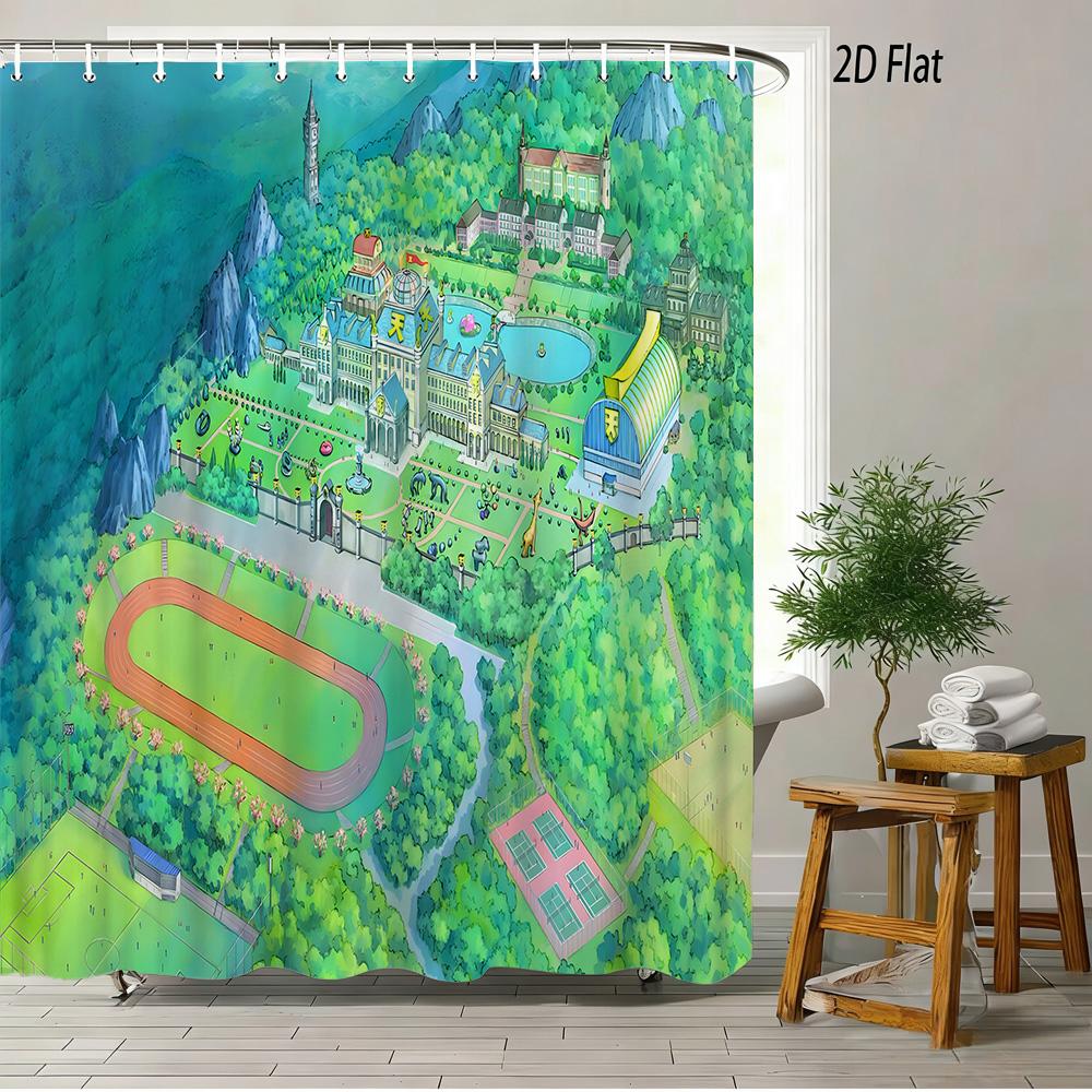 Crayon Shin-Chan Toru Kazama Animal Cosplay Peeking From Green Window Scene 2D Print Waterproof Shower Curtain, Bold Blue & Gree
